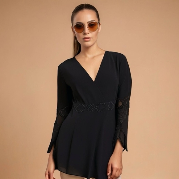 COLDWATER CREEK Black Chiffon Blouse Women’s V-Neck Long Sleeve Embellished Top - Picture 1 of 8